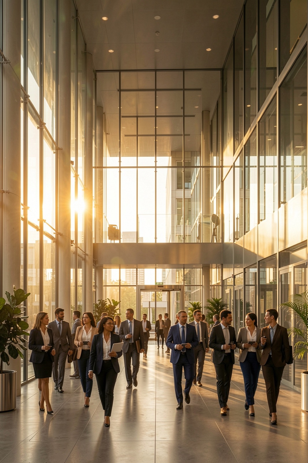 African corporate business leaders walking through a modern sunlit executive headquarters